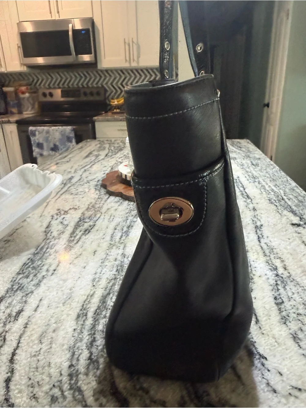 Coach Black Leather Tote with Light Blue Straps